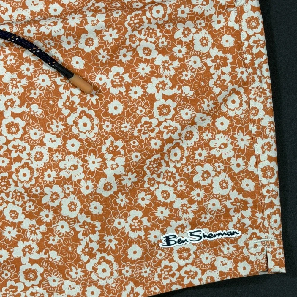 Ben Sherman Mens Floral Swim Trunks Orange Navy Blue Board Shorts Size Medium
